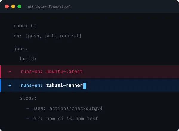 ワークフローのruns-onをtakumi-runnerに書き換える例