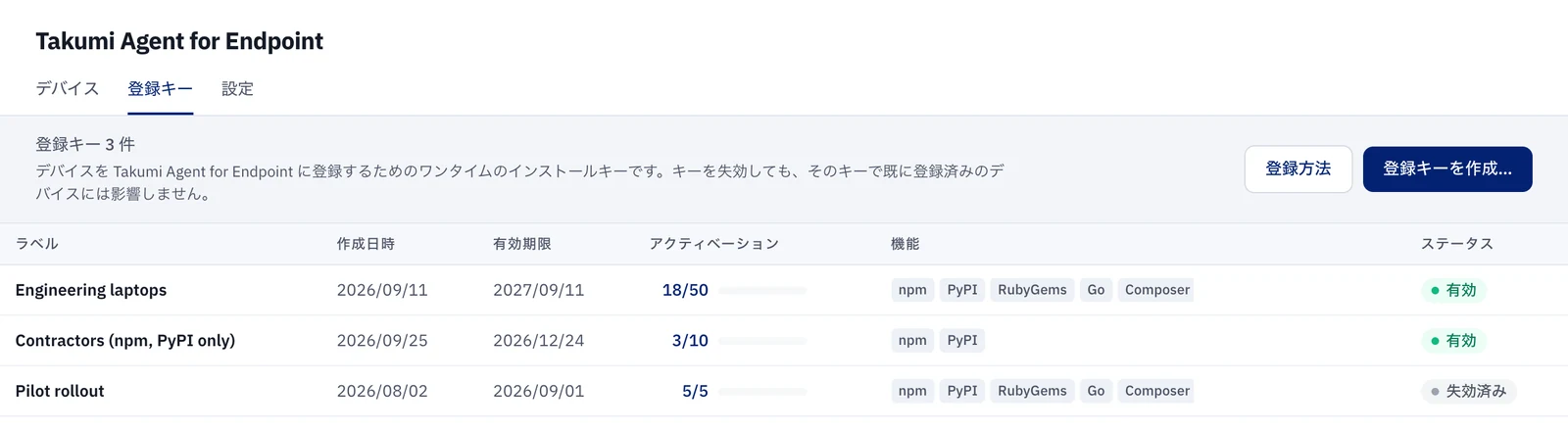 管理コンソールの登録キー一覧