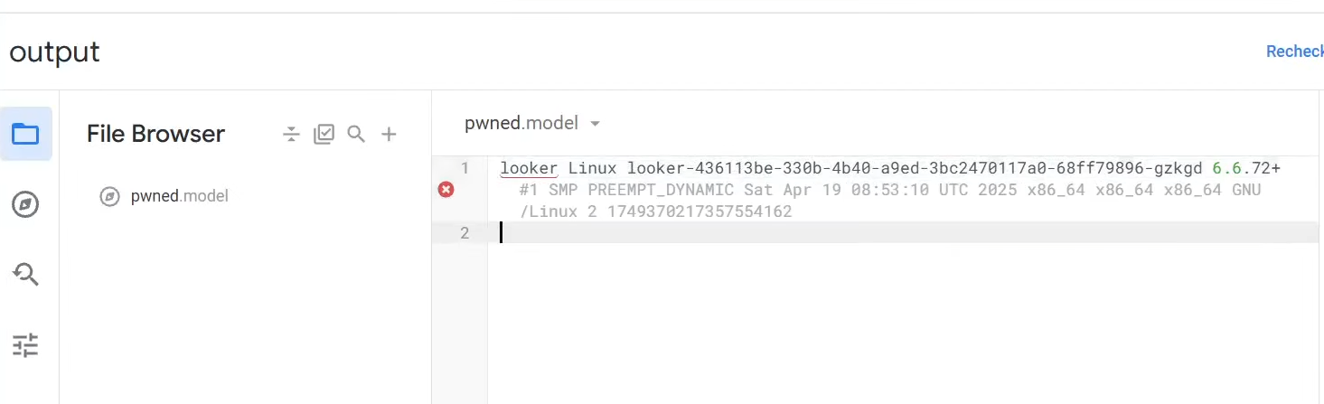 The Looker Web UI showing the result of whoami and uname -a commands
